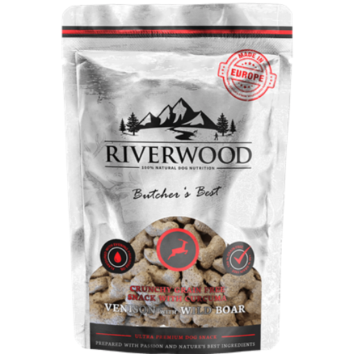 RIVERWOOD CRUNCHY SNACK PREMIETTI al gusto CERVO CINGHIALE CON CURCUMA 200 GR. GRAIN FREE