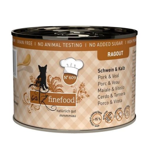 CATZ FINEFOOD linea RAGOUT  MAIALE E VITELLO con PATATE DOLCI  N.609 UMIDO GATTO  COMPLETO 180 GR. Lattina