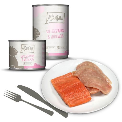 MJAMJAM POLLO CON SALMONE SELVATICO UMIDO GATTO  COMPLETO 200 GR. Lattina
