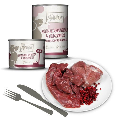 MJAMJAM CERVO CON CINGHIALE E MIRTILLI ROSSI UMIDO CANE  COMPLETO 200 GR. Lattina