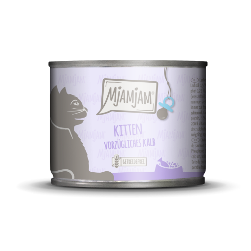 MJAMJAM VITELLO CON OLIO DI SALMONE UMIDO GATTO KITTEN  COMPLETO 200 GR. Lattina
