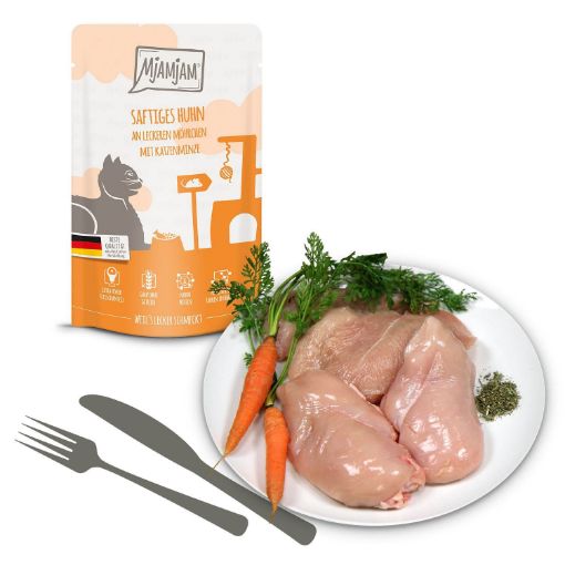 MJAMJAM BUSTINE QUETSCHIE POLLO CON CAROTINE UMIDO GATTO  COMPLETO 125 GR.