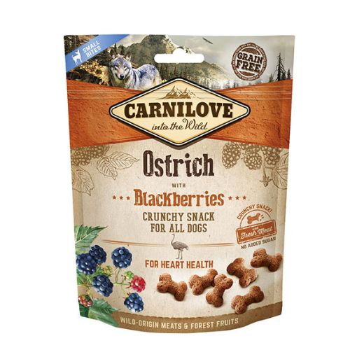 CARNILOVE CRUNCHY SNACK PREMIETTI al gusto STRUZZO e MIRTILLI NERI 200 GR. GRAIN FREE