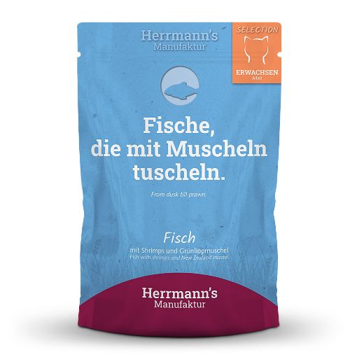 100 GR . HERRMANN'S BIO PESCE gamberi e cozze verdi UMIDO GATTO  COMPLETO 