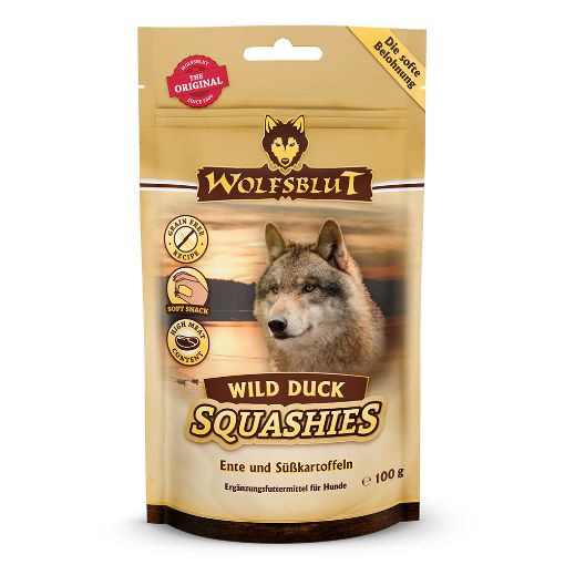WOLFSBLUT SQUASHIES ANATRA WILD DUCK SOFT SNACK PREMIETTI   100 GR. GRAIN FREE.