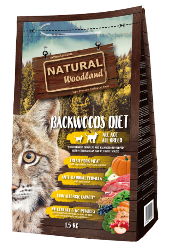 NATURAL WOODLAND BACKWOODS DIET MAIALE 1,5 kg GATTO HYBRID KITTEN e ADULTO