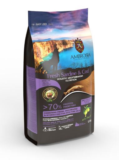 AMBROSIA MEDITERRANEA SARDINA MERLUZZO 10 KG HYPOALLERGENIC CANE ADULTO GRAIN FREE