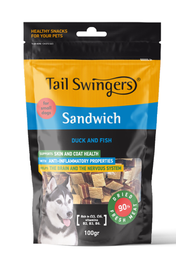 SANDWICHES QUADRETTI DI ANATRA E MERLUZZO confezione 100 gr  TAILSWINGERS
